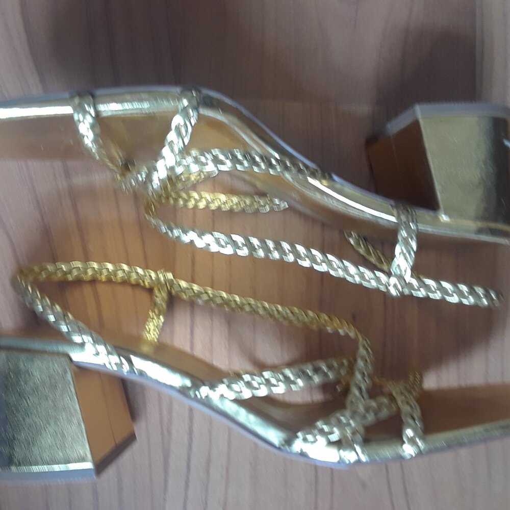 Zara Gold Square Toe Strappy Sandals Block Heels Square Toe
